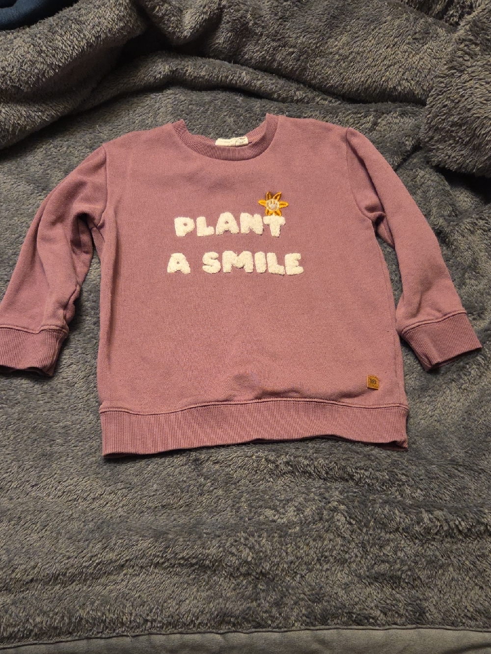 tentree Mauve Crewneck Sweatshirt with White Fuzzy Text and Yellow Flower
